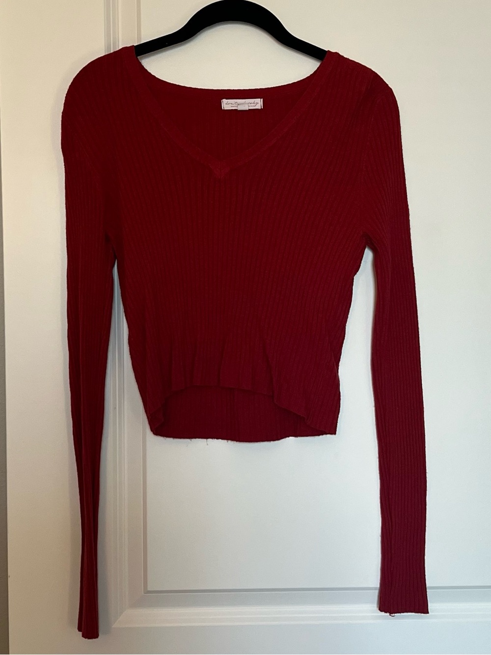 Red Ribbed V-Neck Long Sleeve Cropped Sweater